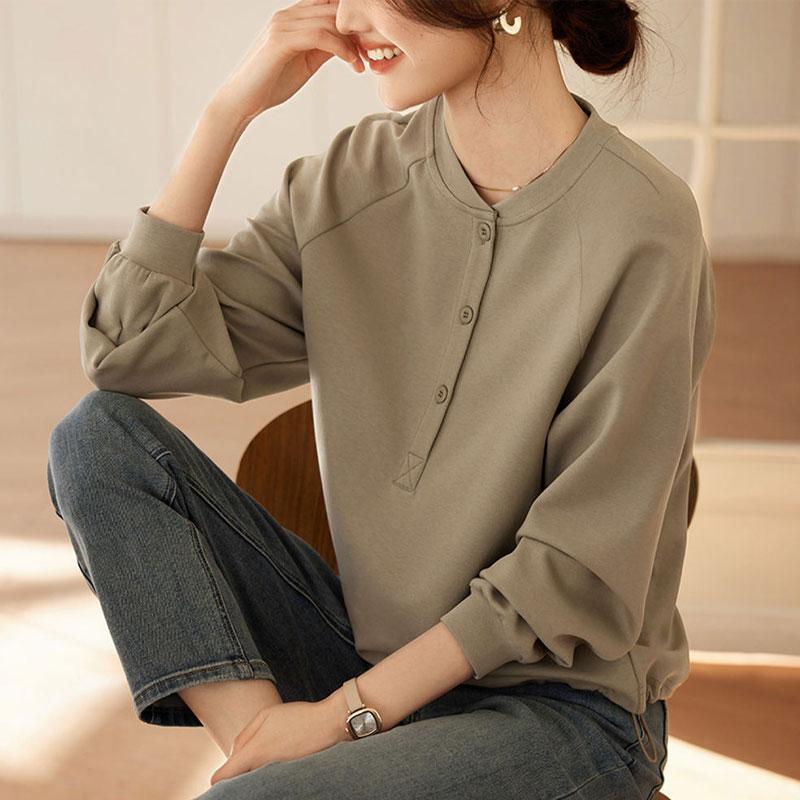 Spring Autumn O-Neck Loose Sweatshirts Casual Long Sleeve Commute Women's Solid Color Basic Fashion Button Pullovers