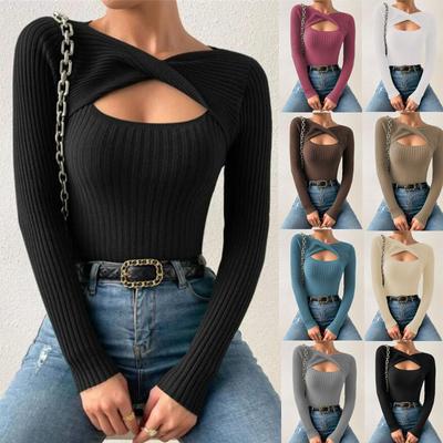 Outono Inverno Suéter de malha para mulheres Manga comprida Oco Pullovers e suéteres Senhoras Malhas básicas Tops