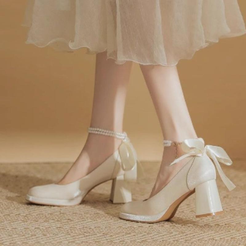 Off-White Satin Platform Mary Jane Heels with Square Toe for Spring/Summer Weddings