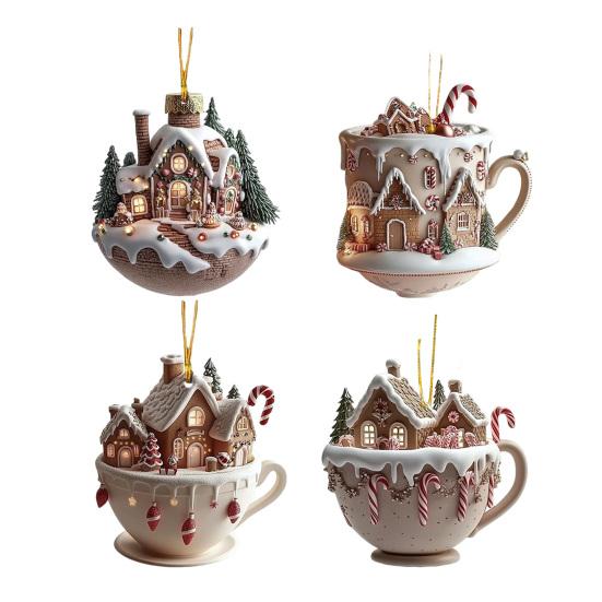 2 Pcs Coffee Cup Christmas Tree Ornaments 2D Acrylic Winter Village Snow House Hot Chocolate Mug Shape Xmas Hanging Pendents for Holiday Decor