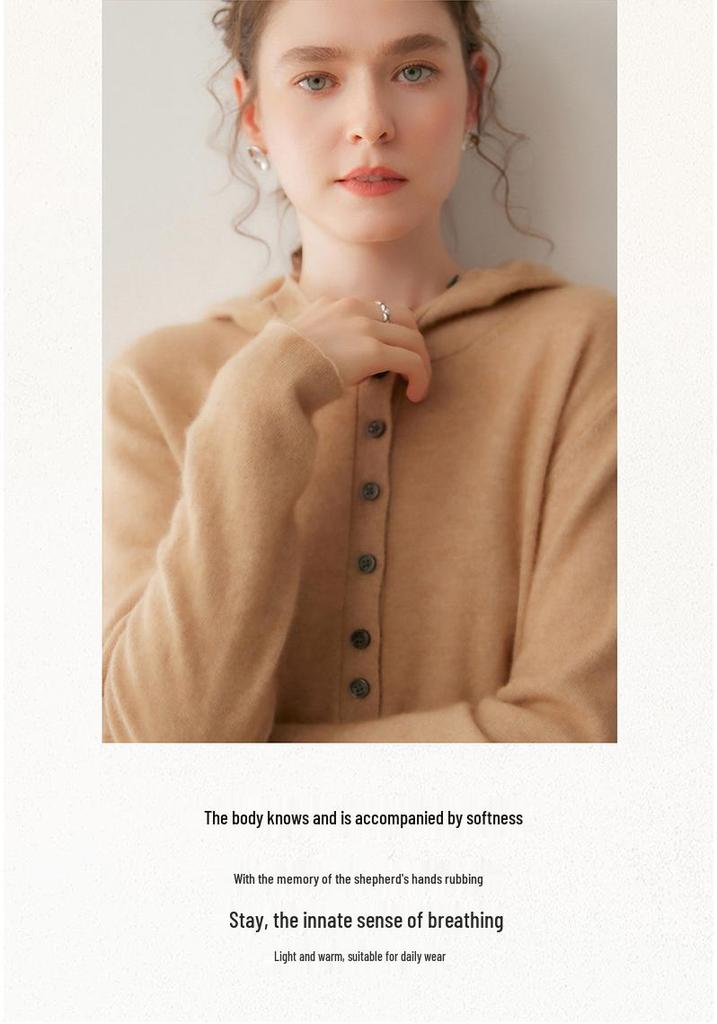 Women's Hooded Cashmere Sweater - 2026 Autumn/Winter Collection, Gentle Style, Loose Fit, Solid Color, Warm Slimming Layer