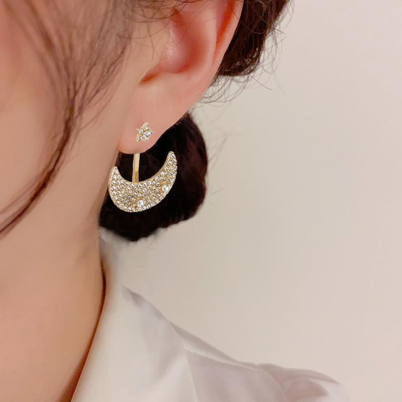 

Silver Needle Diamond-Set Moon & Star Two-Way Earrings - Luxury Fashion Studs