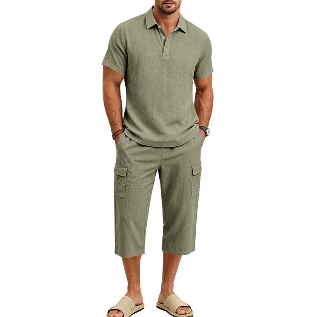 Men's Linen Short Sleeve and Cargo Shorts Set, Relaxed Fit Summer Vacation Outfit for Beach and Daily Wear