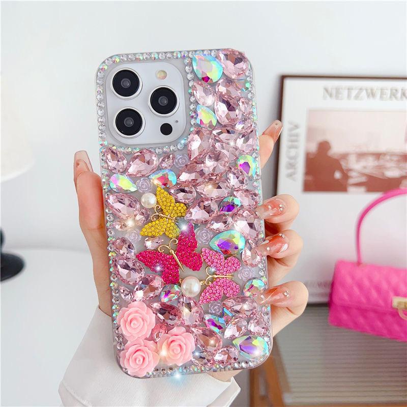 Applicable Iphone17Promax Mobile Phone Case Apple 15 Butterfly 14 Pearl 13 Rhinestone Rose Luxury Hard Case