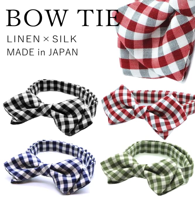 [D+Arts] Stylish Monotone Bow Tie, Silk Linen Gingham Check Pattern, Simple Fastener, Made in Japan (Black)
