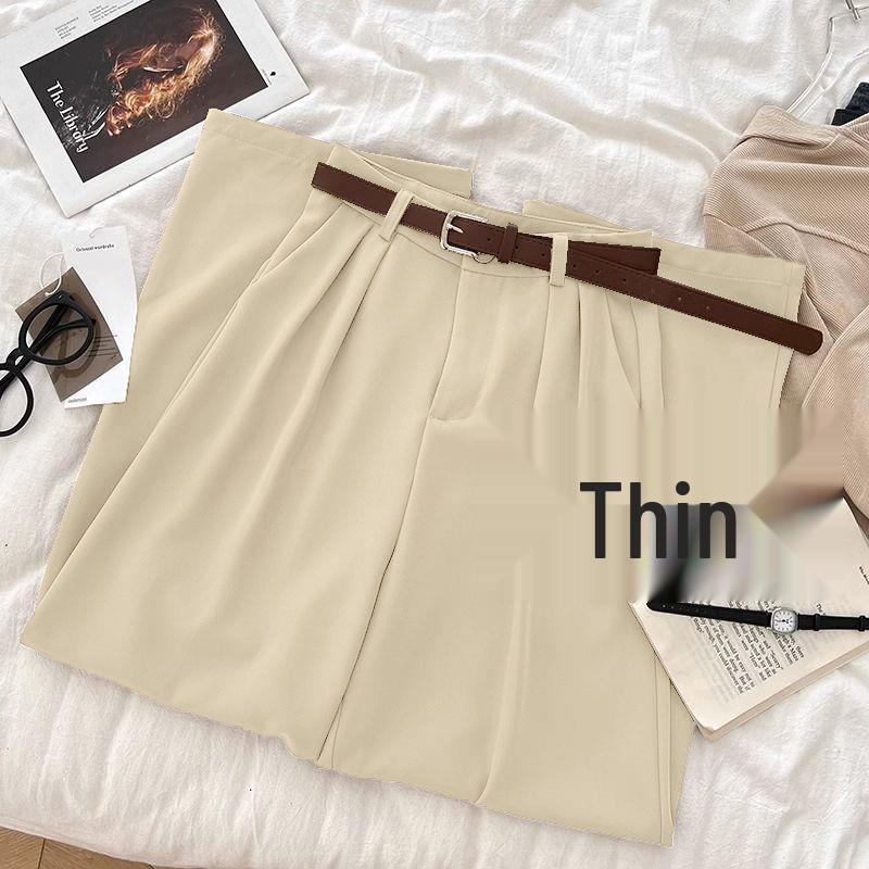 

Korean Style Women s High-Waisted Draped Suit Pants - Elegant Spring Wide-Leg Trousers Apricot Long with Belt, 105cm