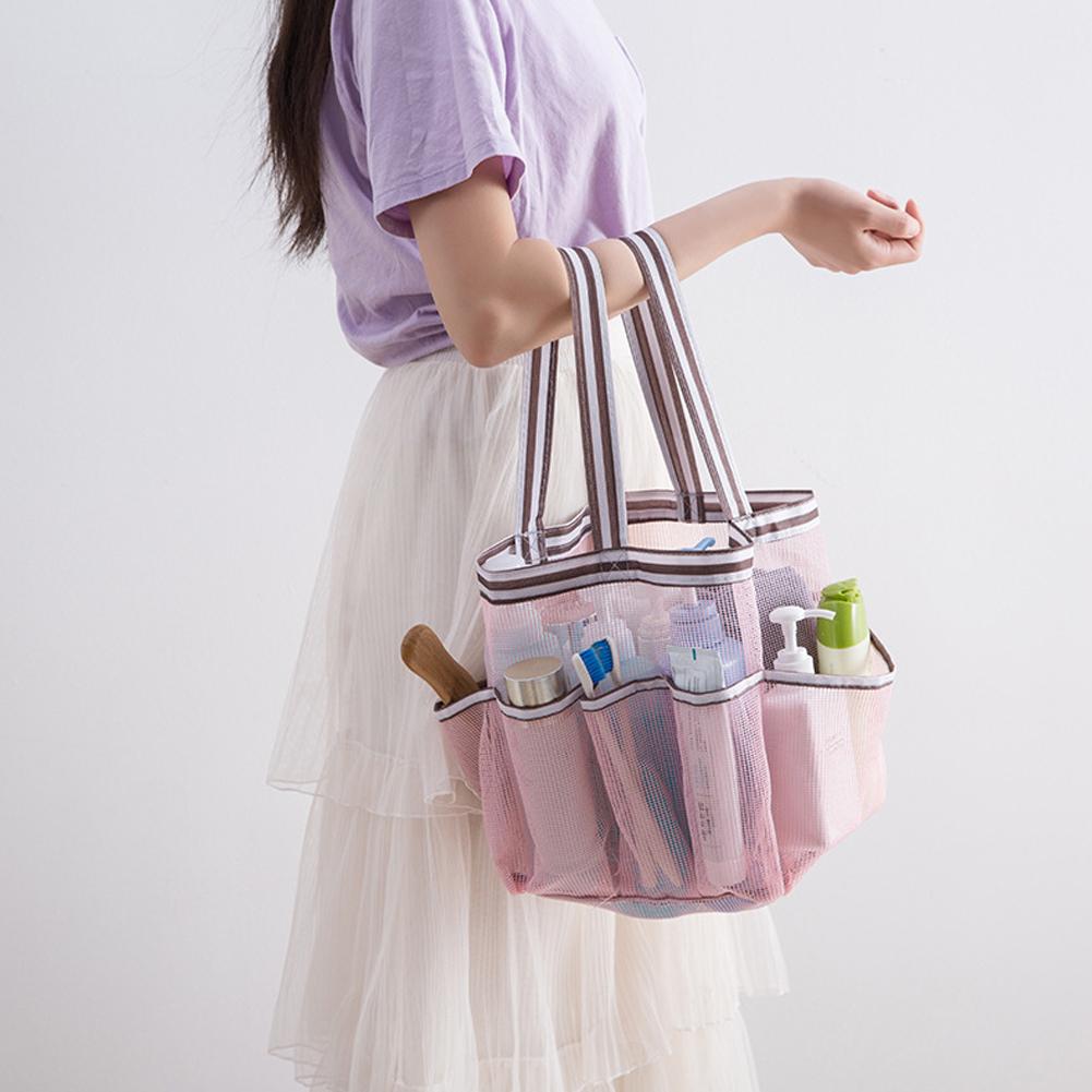 

Mesh Shower Quick Dry Shower Tote Bag Oxford Hanging Toiletry and Bath Organizer for Shampoo, Conditioner, Soap and Other Bathroom Accessoriess Light pink stripeslarge