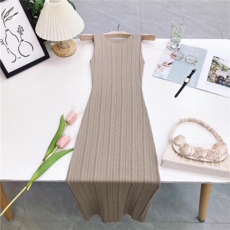 Sleeveless Knitted Pit Stripe Vest Dress Solid Round Collar High Waist Women's Dress Casual Commuting Long Dresses C-312
