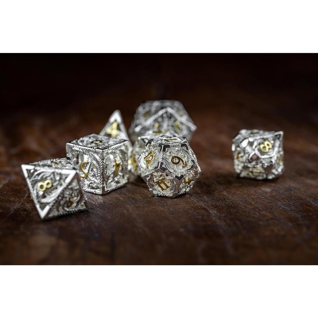 7-Die Dice DND, Aura of Courage, Hollow Metal Silver Dice for D&D, Polyhedral D and D Dice for Dungeons and Dragons Gift