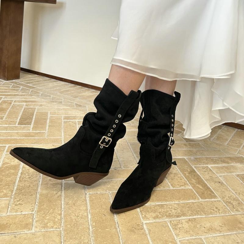 2026 New Autumn Pointed Toe Women Western Cowboy Boots Fashion Banquet Party Square Heels Knight Booties Shoes