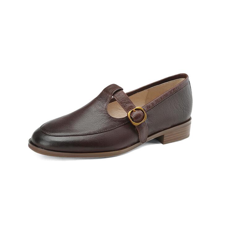 

Fashion NEW Spring Women Pumps Genuine Leather Shoes for Women Round Toe Chunky Heel Shoes Retro Low Heel Mary Janes Retro Brown Shoes 34