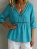 New women's solid color V-neck hollow casual top, women's lace splicing lining
