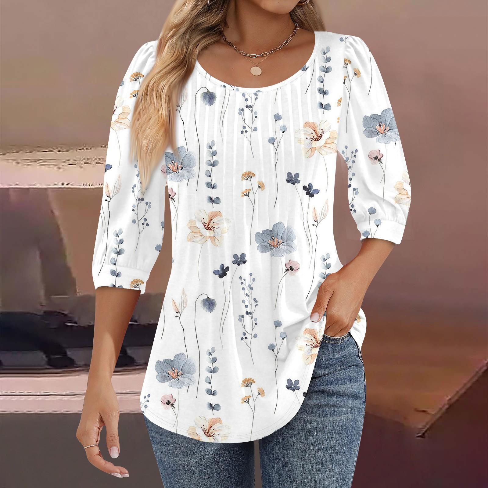 

Женские туники с пышными рукавами 3/4, топы, плиссированные блузки с воротником, повседневные свободные весенне-летние футболки XL белый