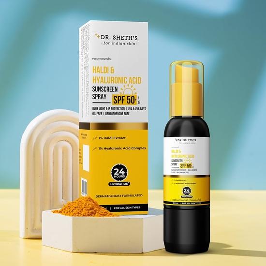 Dr. Sheth's Haldi & Hyaluronic Acid Sunscreen Spray|Spf 50+ Pa++++|Lightweight, Non-Greasy|24 Hours Hydration, Non-Comedogenic|100Ml