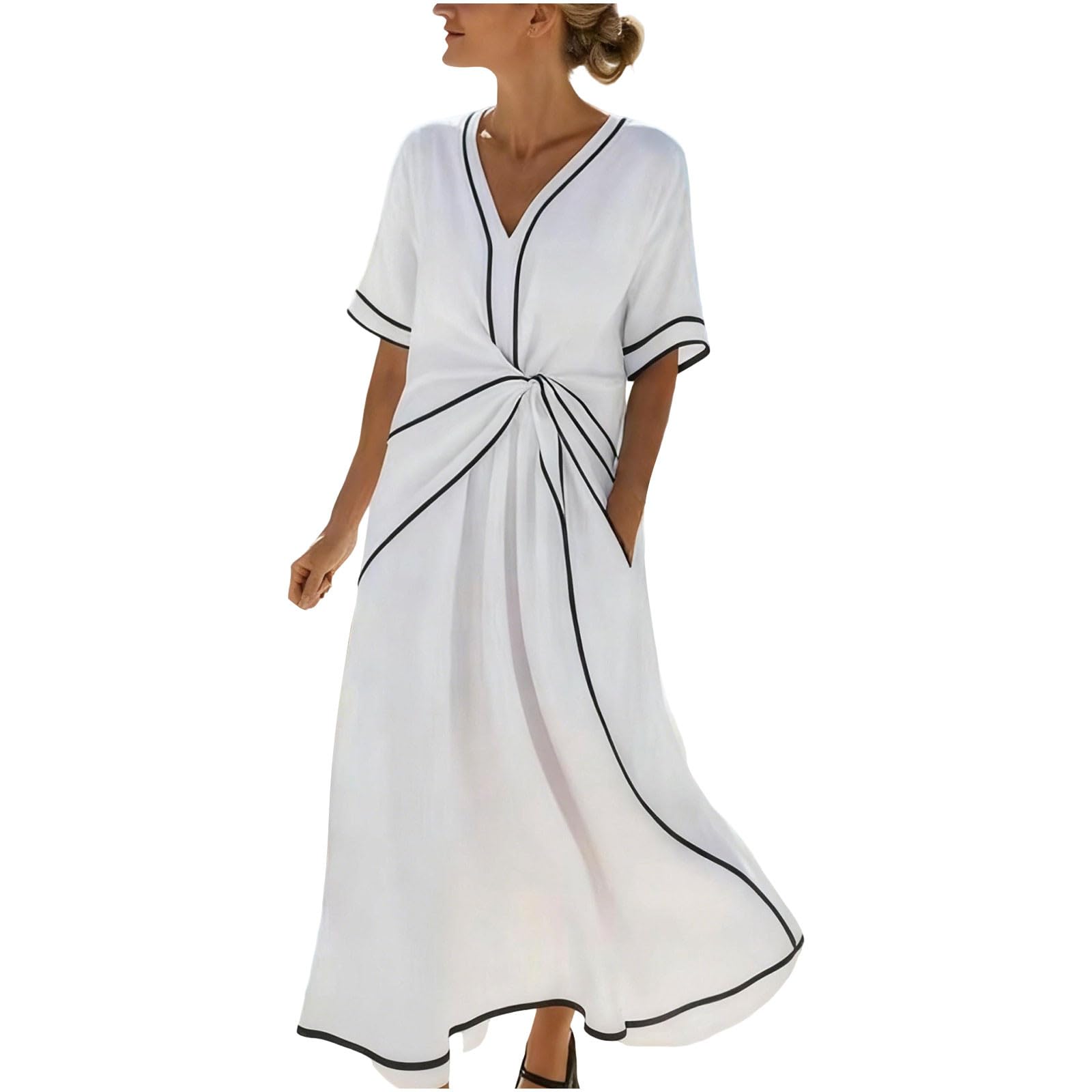 

Womens Summer Dress Short Sleeve V Neck Ruffle Casual Loose Long Dresses S білий