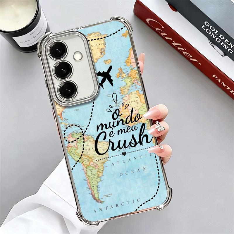 Travel Map Artistic Pattern Plating Phone Case For Samsung A17 A07 A37 A57 A16 A56 A15 A55 A14 A54 A13 A53 A26 A36 A25 A35 A24 A