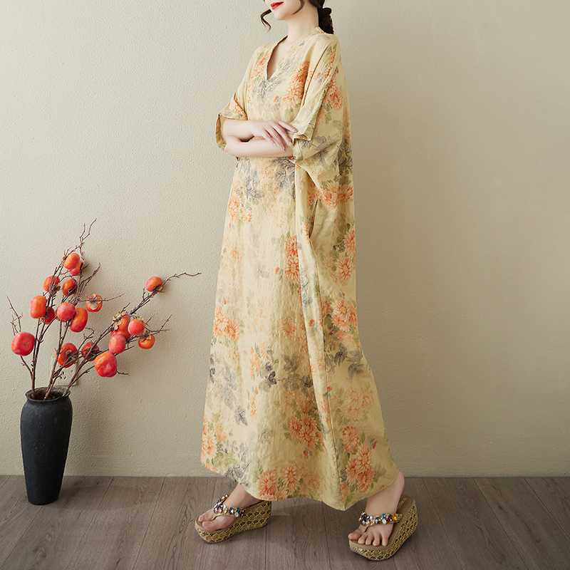 Kvinners Vintage Lang Kjole med Bomulls- og Linputter