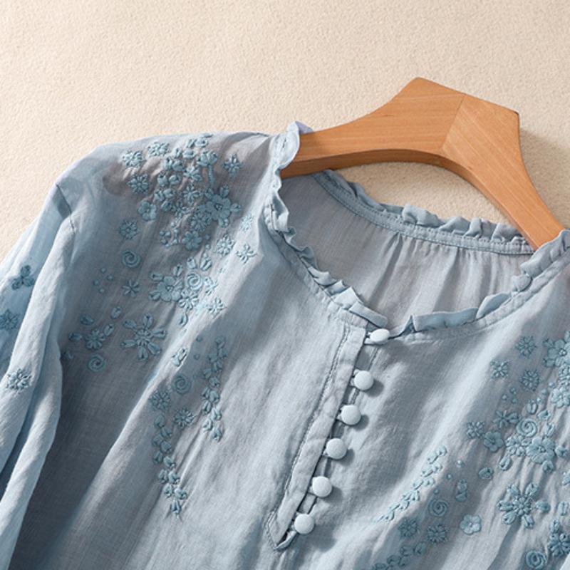 Übergröße Sommer Damen Hemd Baumwolle Leinen Literarische Locker Bestickte Blume V-Ausschnitt Kurzarm Top