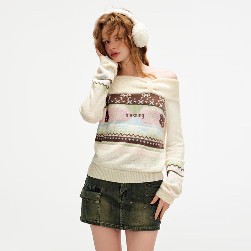 UNIFREE Retro Jacquard Off-shoulder Knit Sweater