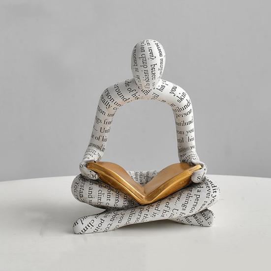 Abstracte Leesman Figuur met Gouden Boek Man Hars Beeld Sculptuur Huis Kantoor Bureau Decoratie Ornament Boekenliefhebbers Cadeau