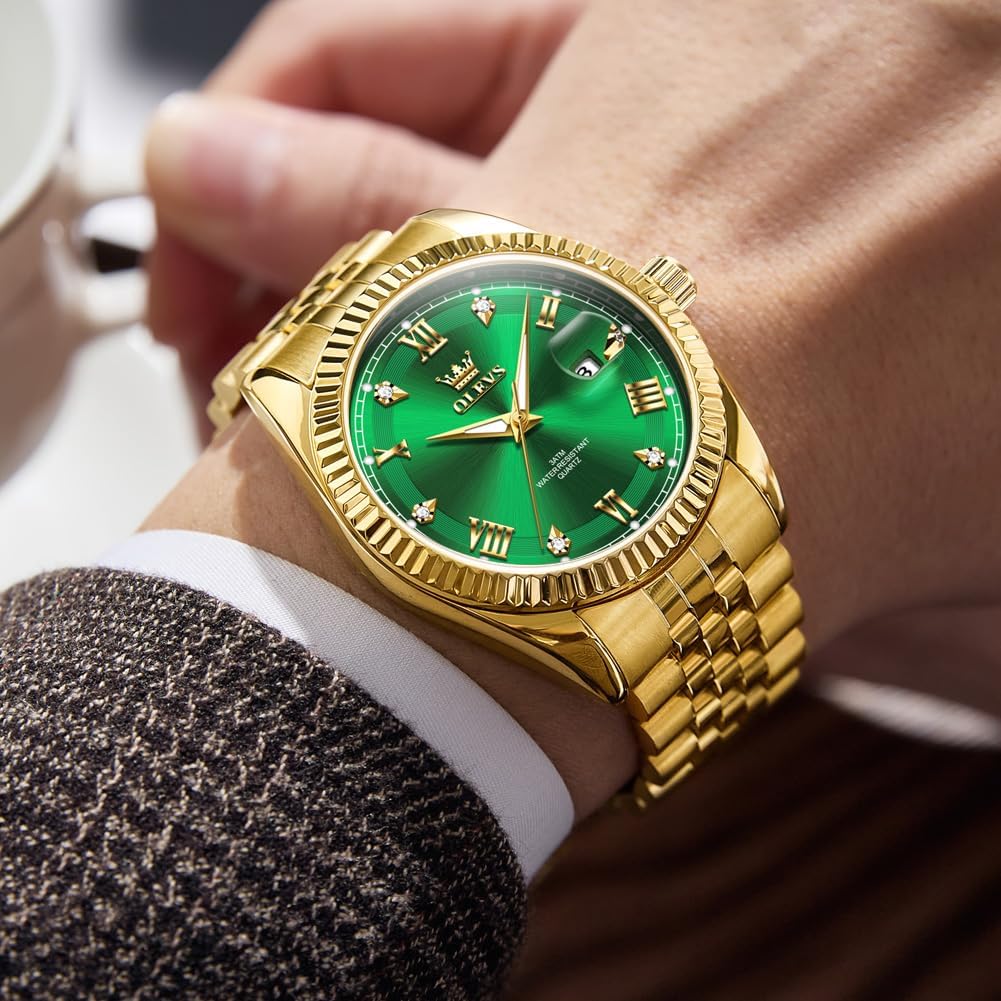 OLEVS Quartz Watch for Date Stainless Business Watch for Gold Green Men, Waterproof, Display, Luminous, Steel, Popular, Stylish, Fashionable, Men, &