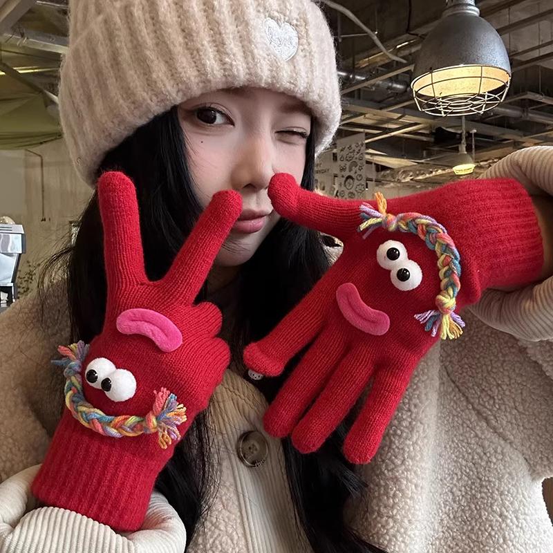 

Cute Funny Ugly Cartoon Knitted Warm Thick Outdoor Cycling Five-Finger Touch Screen Gloves красный