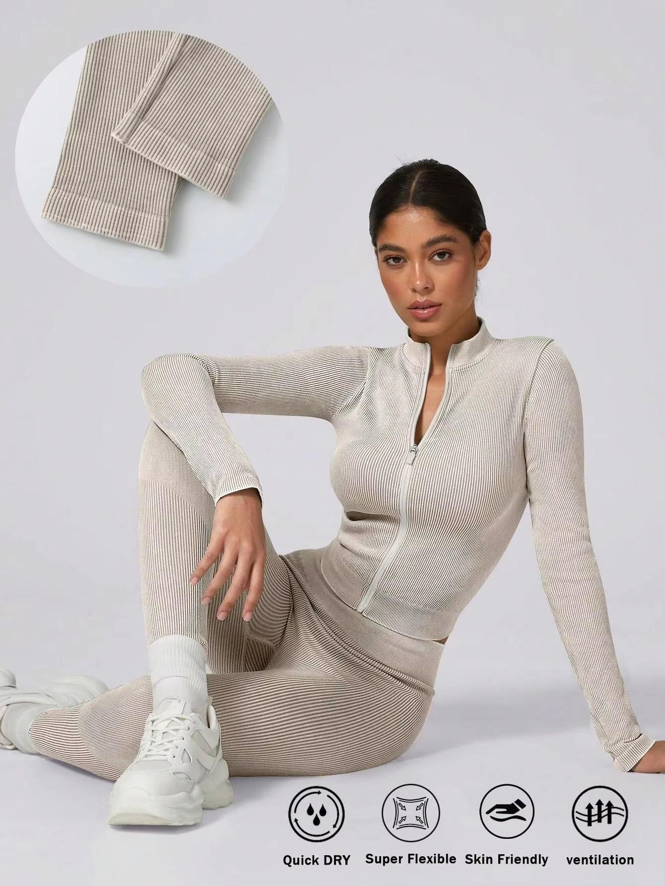 

JYL Yoga Shorts Trousers Suit Open Neck Zipper Short Sleeve Jump Dance Sexy Outfit M пастель коричневый