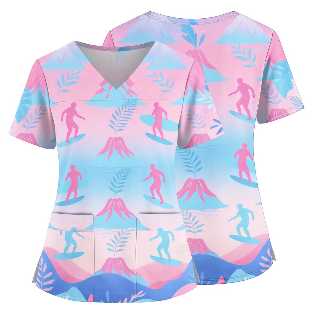 Women's V Neck Medical Scrub Top Hawaiian Print Short Sleeve Side Slit Pockets Nurse Uniform Shirt Lightweight Breathable Fabric