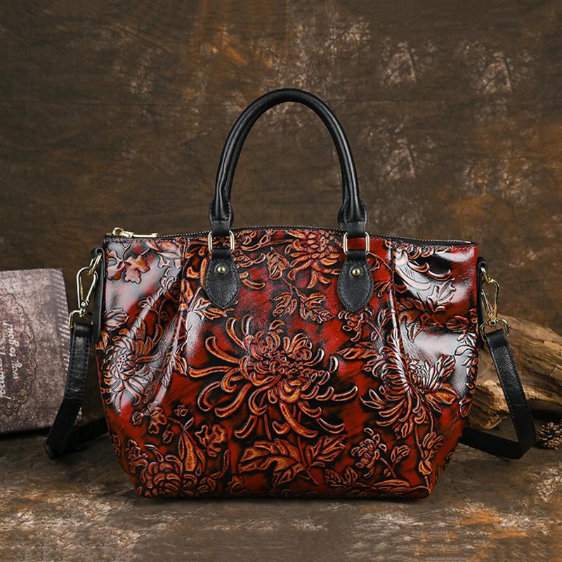 New Retro Chinese Style Handmade Genuine Leather Hand-rubbed Color and Three-dimensional Embossed Ladies' Bags