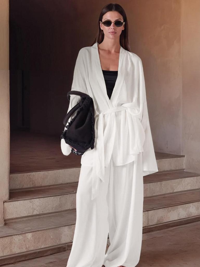 Elegant Tie-Up Cardigan & Long Pants Set - Solid Color, Long Sleeve, European & American Style Women's Home Wear