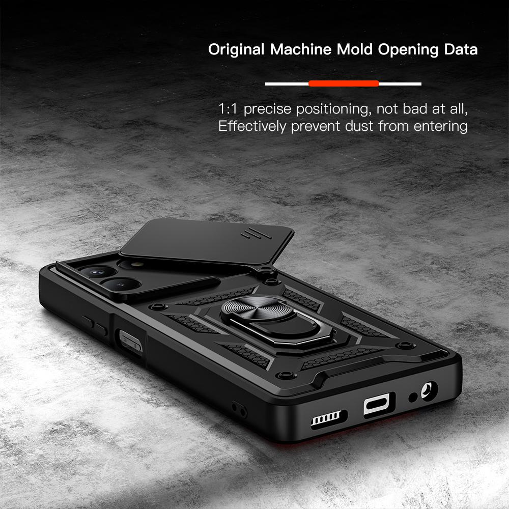 KEYSION Shockproof Armor Case for TECNO POVA 7 4G Slide Camera Lens Protection Metal Ring Stand Phone Back Cover for TECNO Pova7