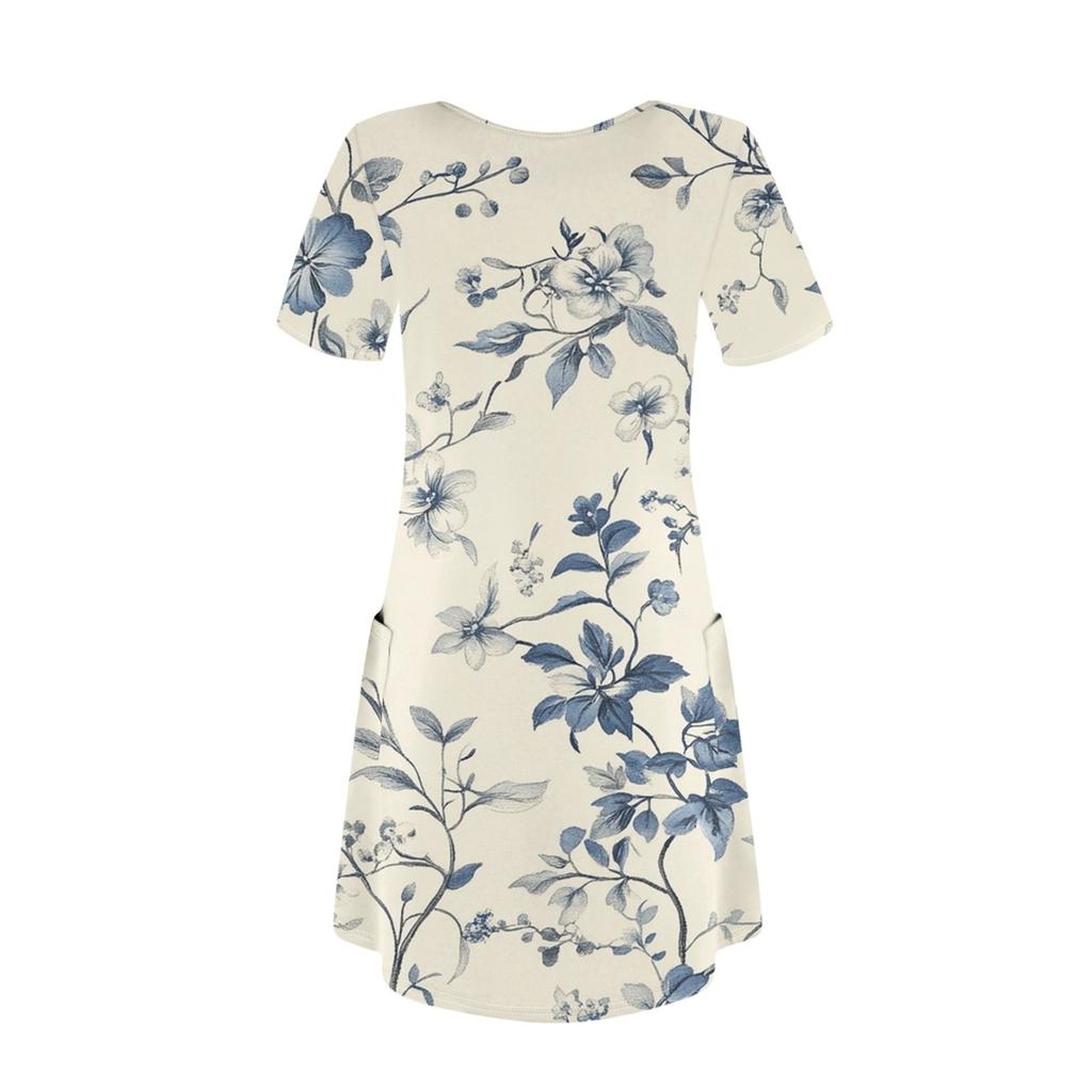 Women's Summer V-neck Casual Beach Dress Short Sleeve Floral Print Dress