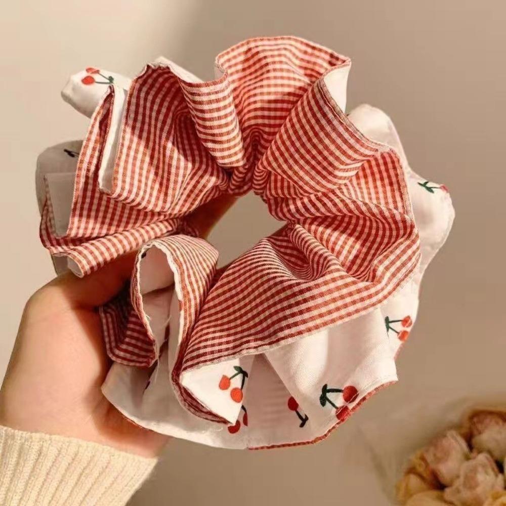 1/2pcs Sweet Plaid Fabric Cherry Double Layered Double-sided Large Intestine Headband for Women Tied Hair Balls Ponytail