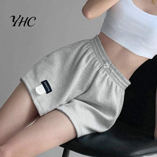 Loose Bottoms High-Waist Elastic Waistband Pockets Waffle Texture Women Shorts Fitness Wide Leg High Waist Sports Streetwear