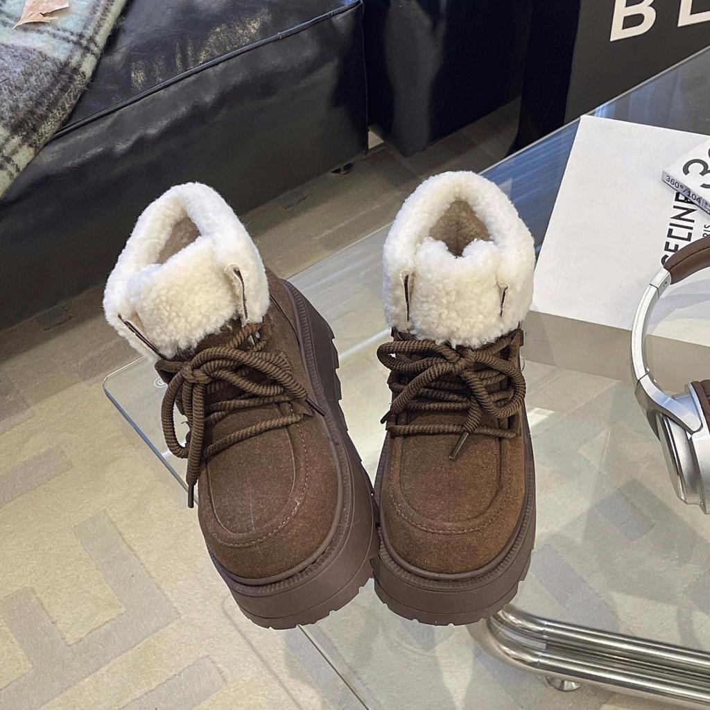 Höhenverstärkende Muffinsohle vielseitige Baumwollschuhe trendiges Leder 2025 Winter neue Samt verdickte Haare integrierte dicksohlige Schneestiefel Damen