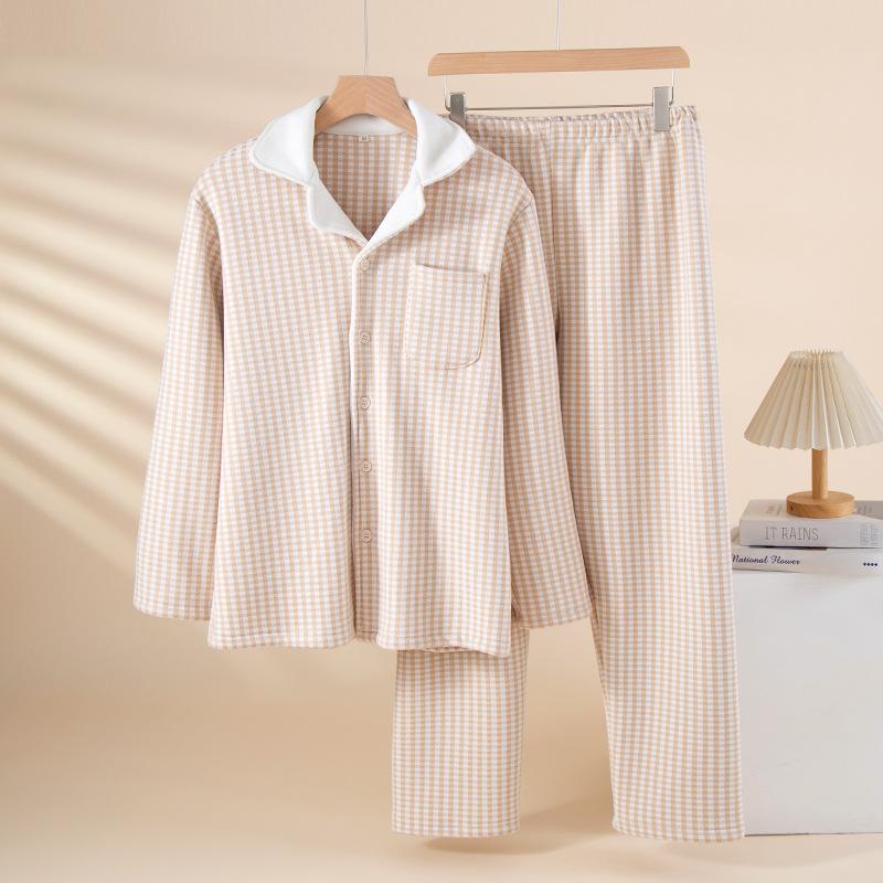 Men's Pajama Set Fall Winter Thick Warm Long Sleeve Tops Pants Pajama Sets Soft Plaid 2 Piece Button Down Lounge Set for Men Lapel Comfort Sleepwear