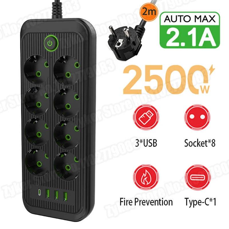 F14U F20U EU Plug Power Strip 2M Extension Cable 4/8 AC Outlets Electrical Socket With USB Type C Network Filter Fast Charging