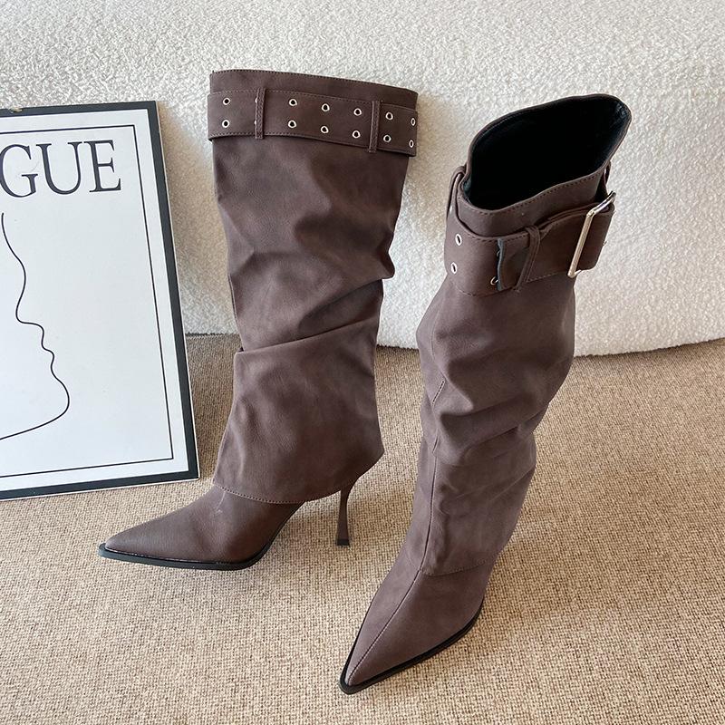 

F868-3 Съемные двухсторонние 2025 новые осенне-зимние туфли на высоком каблуке женские остроносые тонкие каблуки тонкие ботинки пряжка ремня 39 коричневый