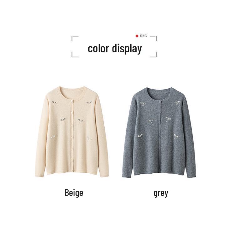 Women's 100% Pure Cashmere Embroidered Round Neck Cardigan - New Style Solid Color Knit Sweater Coat