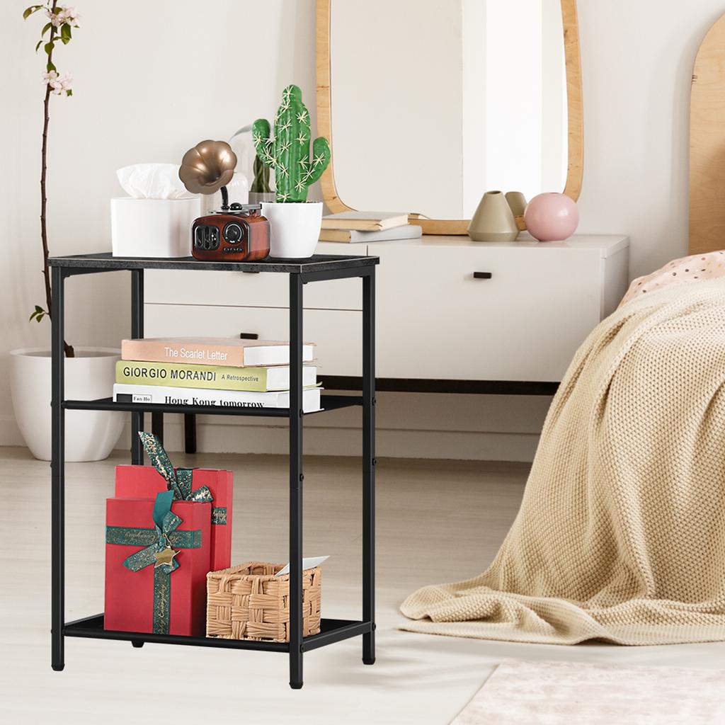 3-Tier Metal Narrow Rustic Brown Bedside Table for Small Spaces, Bedroom/Living Room, Durable Frame