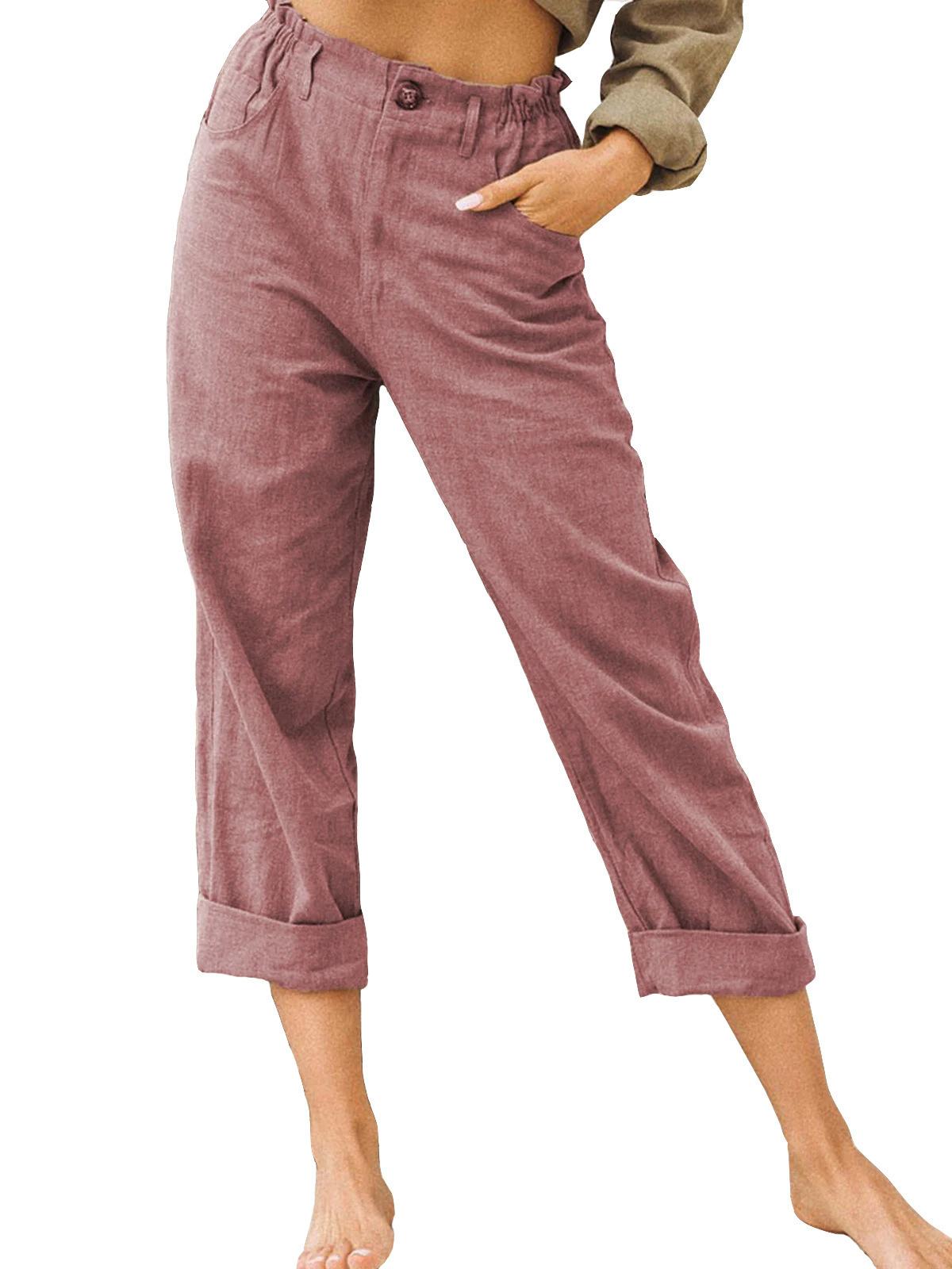 

Cotton and Linen Elastic Waist Straight-leg Pants 2026 Summer New Women s Solid Color Fashion Loose High Waist Casual 3XL кларет