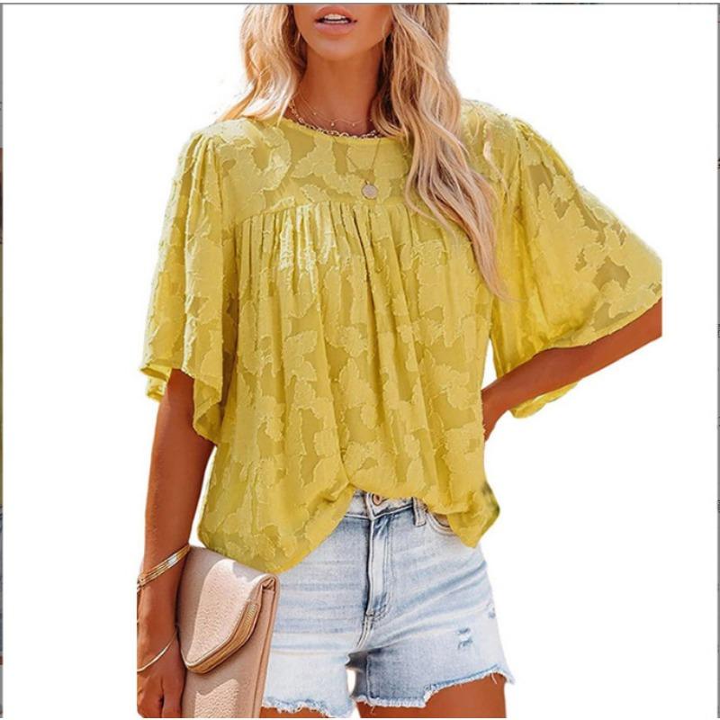 Cute Pleated Flared Sleeve Doll Outfit Round Neck Lace Summer Floral Shirt