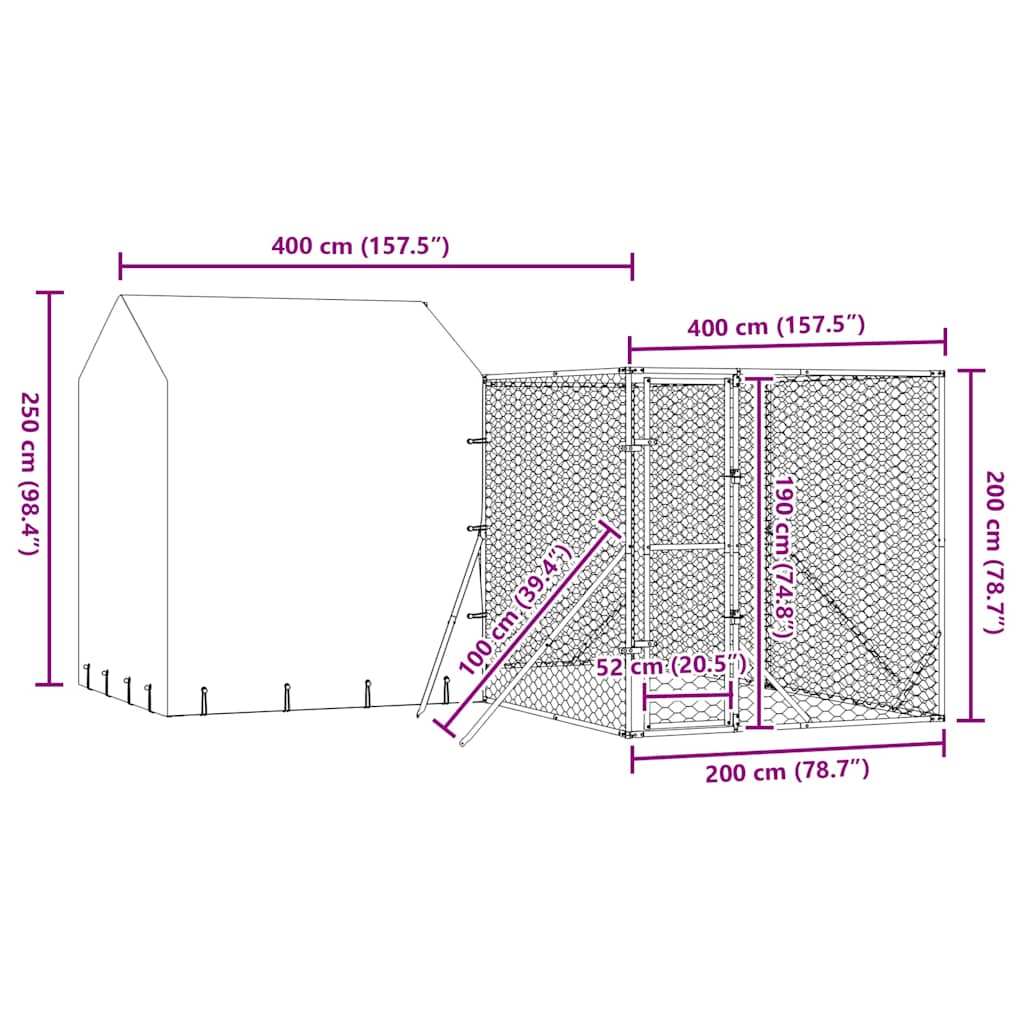 Outdoor Dog Kennel with Roof Silver 4x4x2.5 m Galvanized Steel