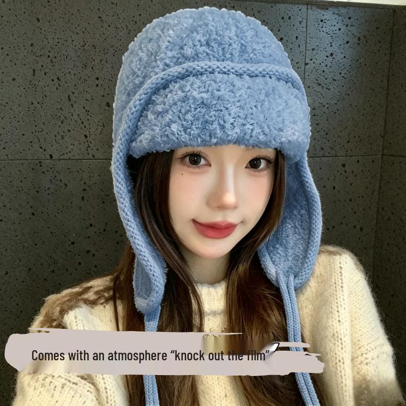 Korean Teddy Fleece Earmuff Hat for Women - Winter Warm Knit Cap, Slim Face, Versatile Wool Hat