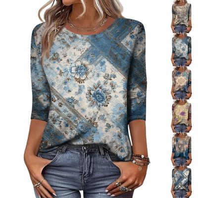 Kadınlar İçin Trend Vintage 3/4 Kollu Üst, Bayan Günlük Üç Çeyrek Kollu Yuvarlak Yaka Baskılı Tişört Bluz