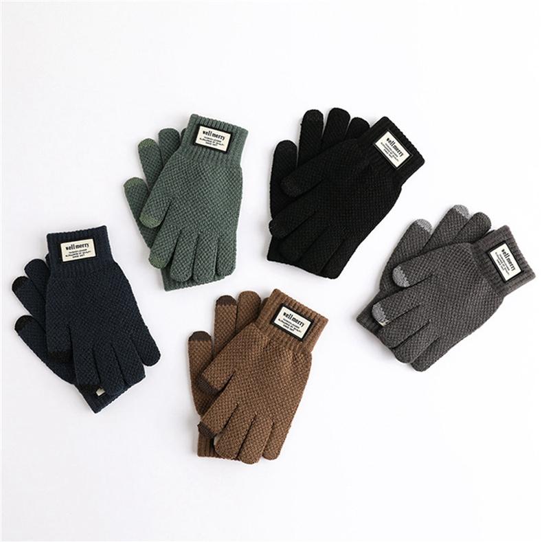 Autumn And Winter Men Padded Thicken Jacquard Touchscreen Gloves Warm Wool Gloves for Cold Weather