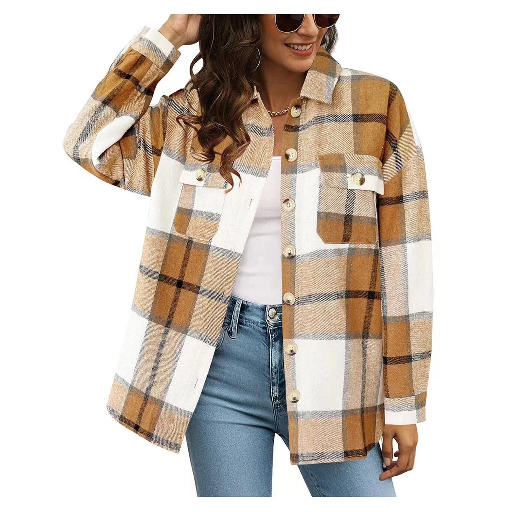 Women's Checkered Button Long Sleeved Loose Casual Shirt Jacket