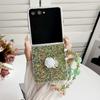 Phantom Glitter White Rose Mobile Phone Case for Samsung Z FLIP7/6/5/4 Portable Bead Chain 3rd Generation Folding Case