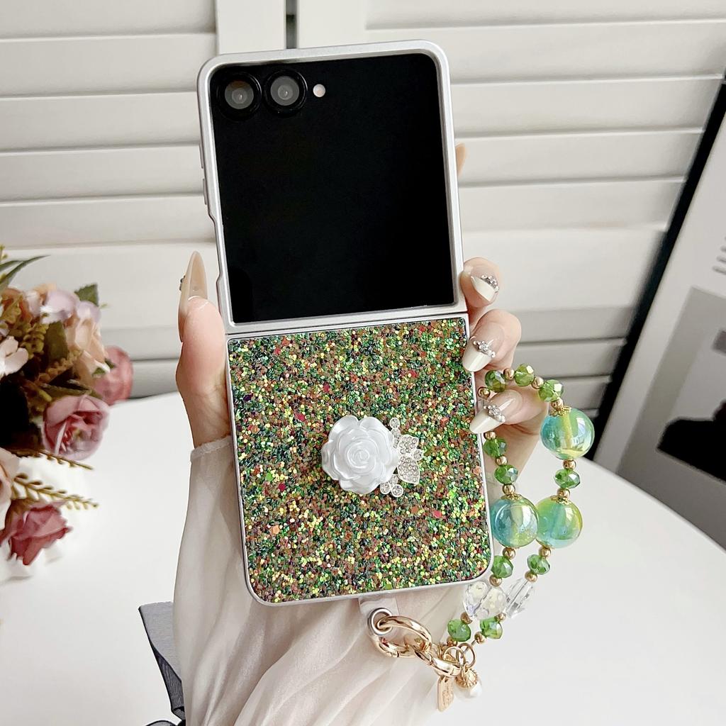 Phantom Glitter White Rose Mobile Phone Case for Samsung Z FLIP7/6/5/4 Portable Bead Chain 3rd Generation Folding Case
