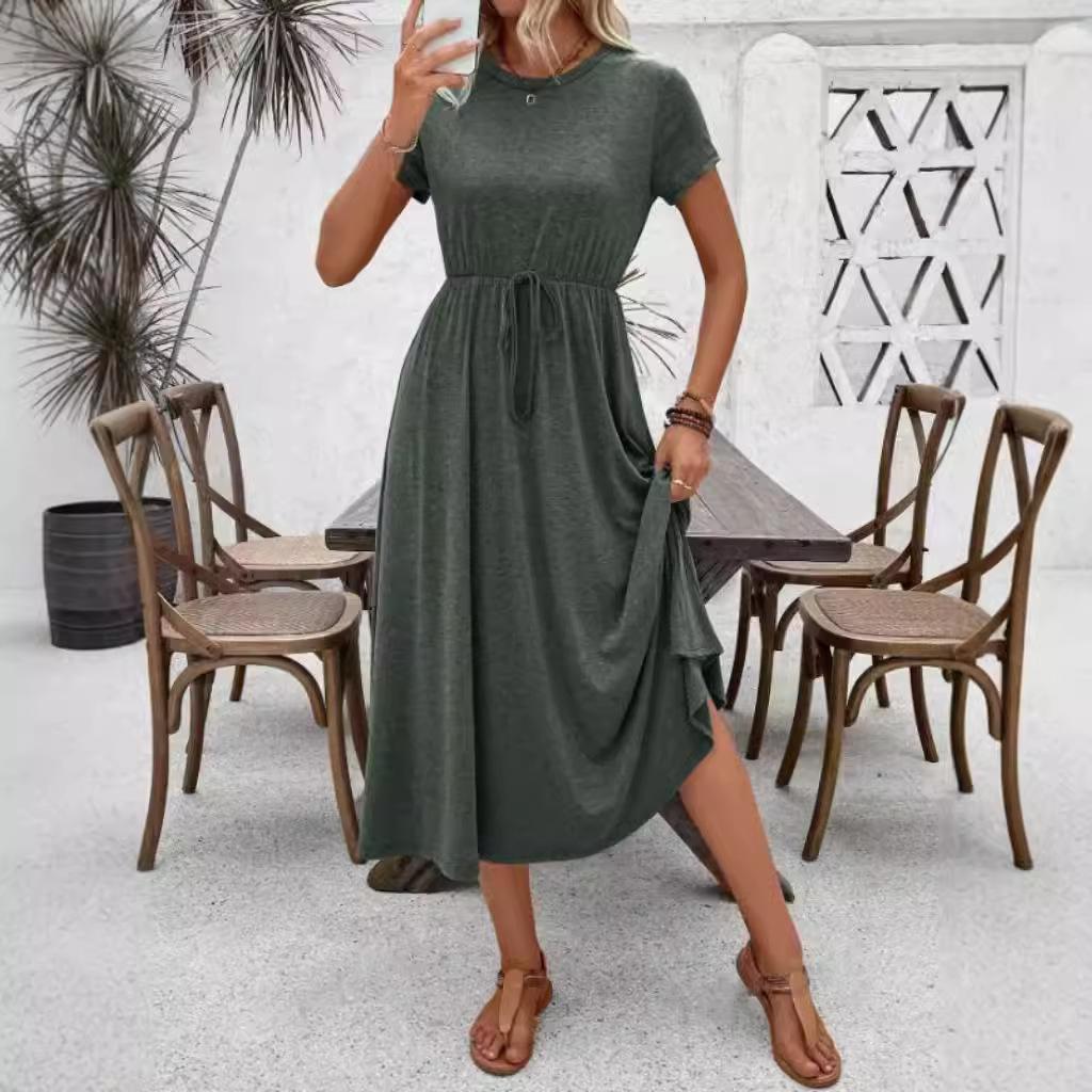 Round Neck Dress Women's Summer Solid Colour Short Sleeve Plus Size Dresses